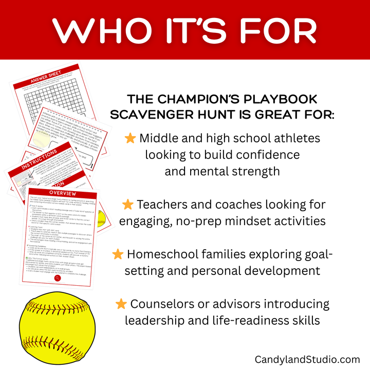 Softball Team Scavenger Hunt - Promotes Growth Mindset