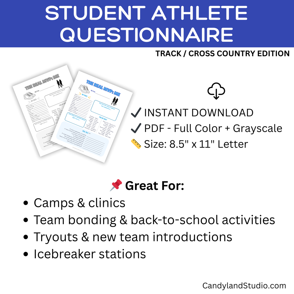 The image is a collage of two documents titled "Student Athlete Questionnaire" and "Student Athlete Questionnaire". The documents are printed in a size of 8.5" x 11" letter size and are available for download as a PDF. The documents are intended for use in camps, clinics, team bonding, back-to-school activities, tryouts, and icebreaker stations.