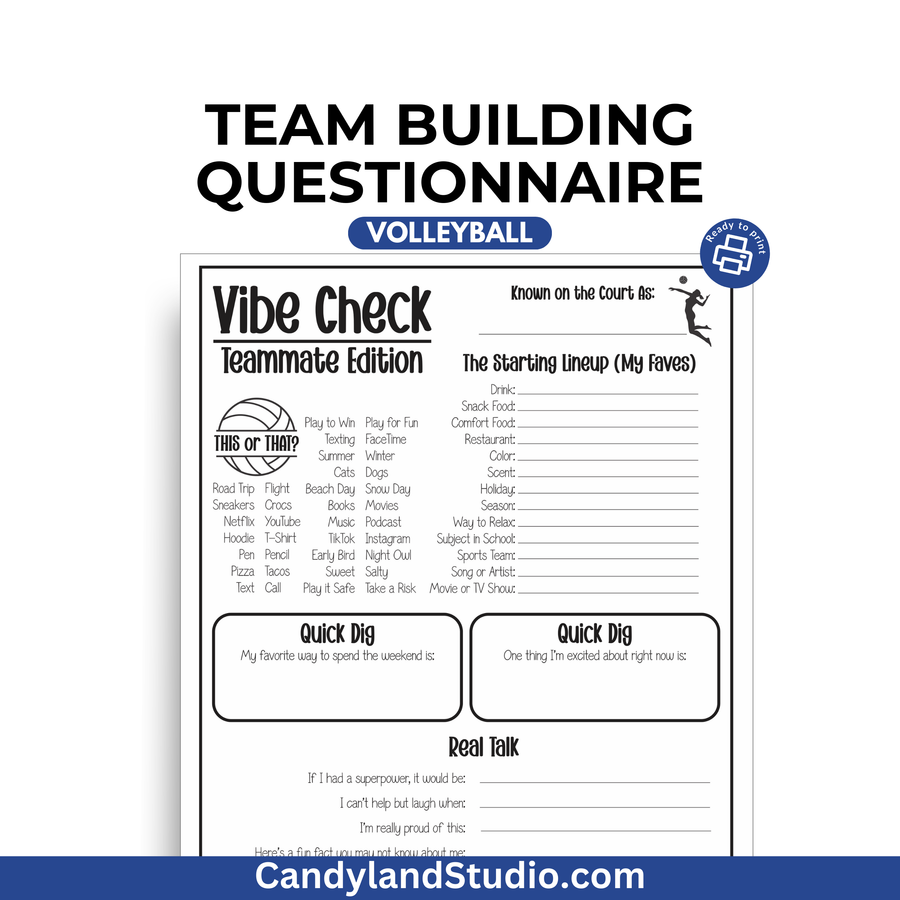 a volleyball check sheet with the words team building questionnaire