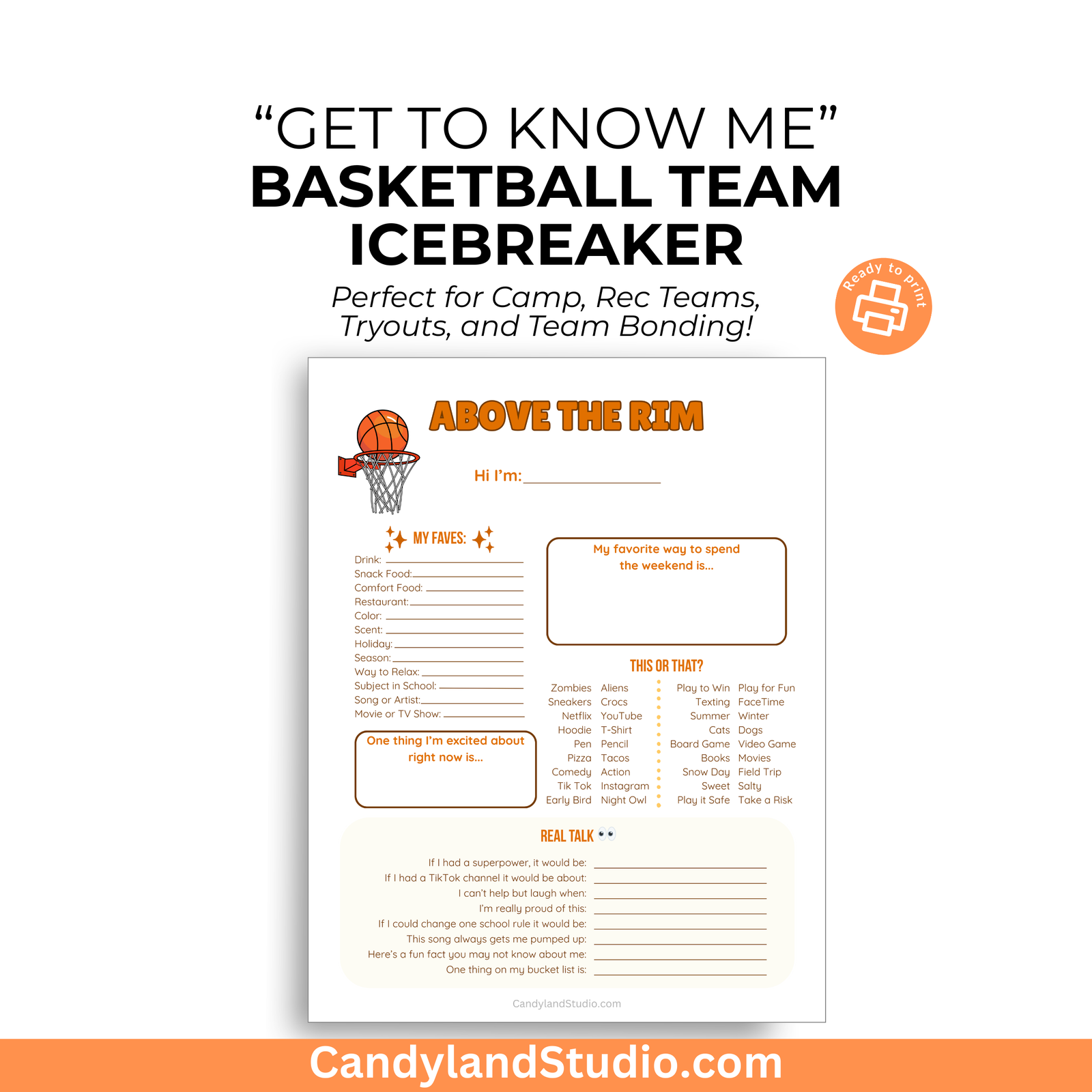 The image is a promotional poster for a basketball team icebreaker activity. It features a basketball image and a list of questions for participants to fill out.