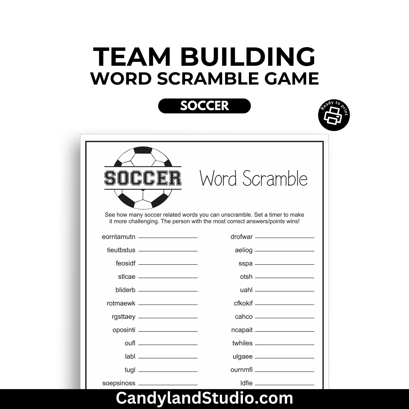 a soccer team building word scramble game