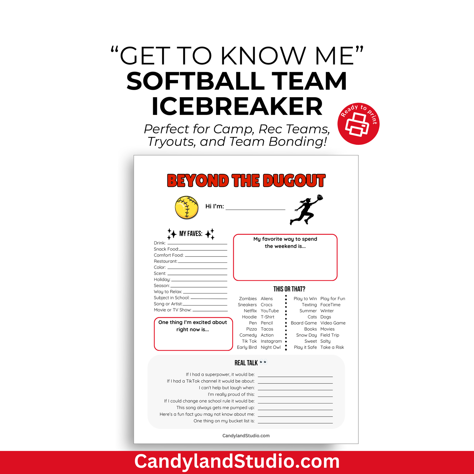The image is a promotional poster for a "Softball Team Icebreaker" that encourages people to "GET TO KNOW ME" and "BEYOND THE DUGOUT". The poster includes a survey asking about the user's favorite way to spend the weekend, and it features a cartoon character holding a baseball bat. The image is a collage of various images related to softball, including a player, a ball, and a scoreboard. The text on the poster is clear and concise, and it does not contain any redundancy or vague wording.