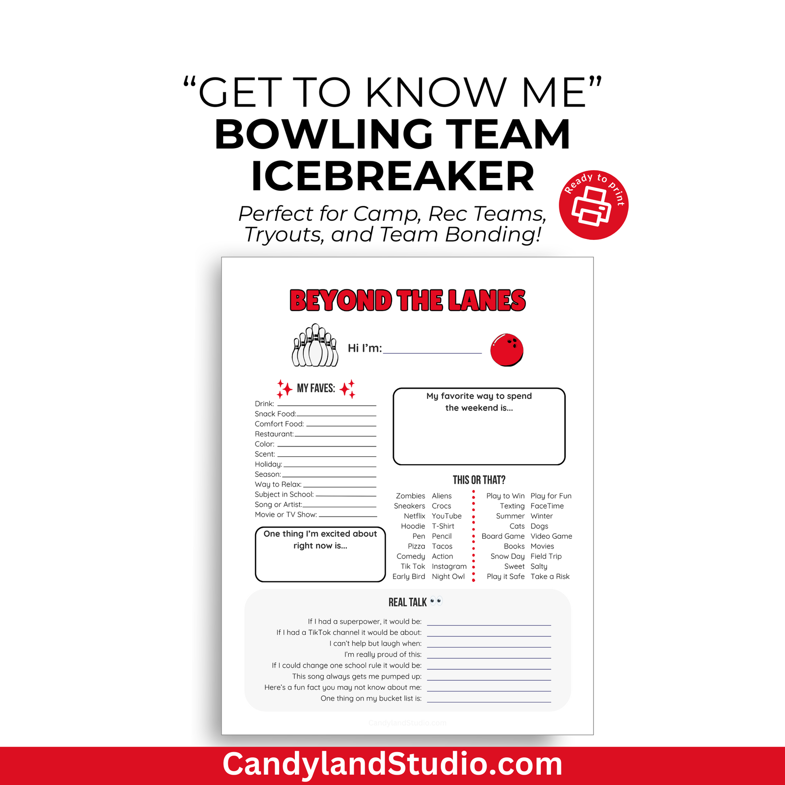 The image is a promotional poster for a "BOWLING TEAM ICEBREAKER" designed to help camp, rec, and team bonding. The poster features a list of questions and a survey for the "BOWLING TEAM ICEBREAKER" and includes a red button for "REAL TOOL" and a "Candyland Studio" logo.