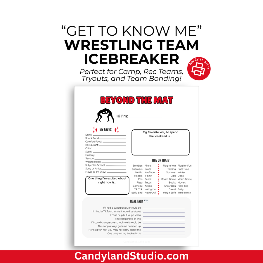 The image is a promotional poster for a "Wrestling Team Icebreaker" game. It features a red and white color scheme with a cartoon character and text that reads "GET TO KNOW ME" and "Wrestling Team Icebreaker". The poster includes a list of questions and a "Real Talk" section, inviting players to participate in the game.
