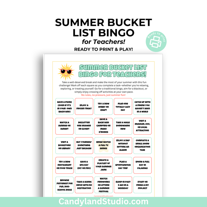 Summer Bucket List Bingo Card for Teachers