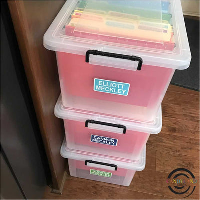 Clear storage boxes make moving and storing school memories a breeze!